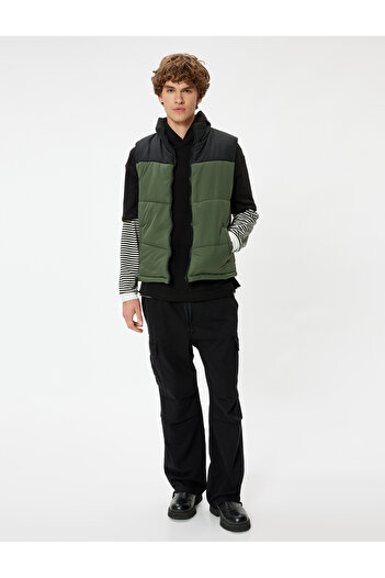 Koton Slim Fit Puffer Vest with Color Block - Stand Collar and Zippered Pocket Detail