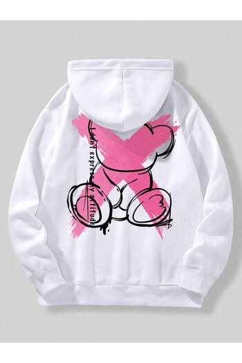 PENTHİLUS Φούτερ Pink Teddy Bear X Oversize Hooded - εμπρός και πίσω με στάμπα, λευκό