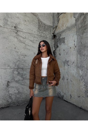 Ekim Store Biker Plush Collar Crop Suede παλτό