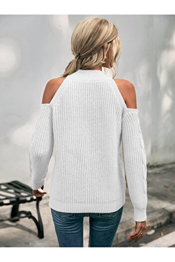 TRQOM Women's Turtleneck Off-The-Shoulder Thessaloniki Hair Knit Detailed White Knitwear Sweater