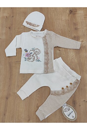 Tomuycuk 100% Cotton Baby Girl/Child 3-Piece Set - Squirrel Embroidered & Hat Set