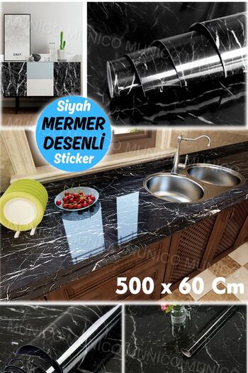 Gaggani Siyah Mermer Görünümlü Yapışkanlı Folyo Siyah Mermer Desenli Kaplama – 5 Metre PVC Yapışkanlı Film