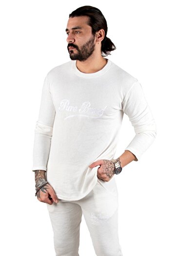 DeepSEA Men's White Embroidered Front Crew Neck Elastic Leg Pajama Set 2303034