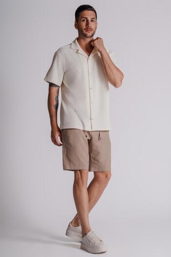 BRACCAS Men's Relaxed Fit Linen Look Chino Shorts - With Side Pockets and Elastic Waist, Mink