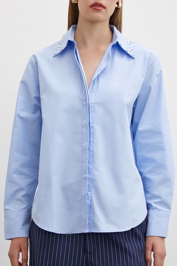 Never more Blue Poplin Shirt - Collar with Pearls