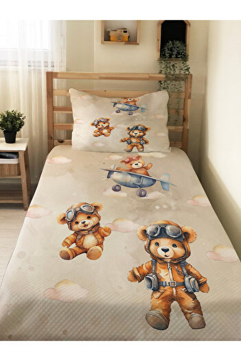 Evmila Sevimli Ayıcık Desen  Bebek Ve Çocuk Baskılı Tek Kişilik Pike Takımı 160x230