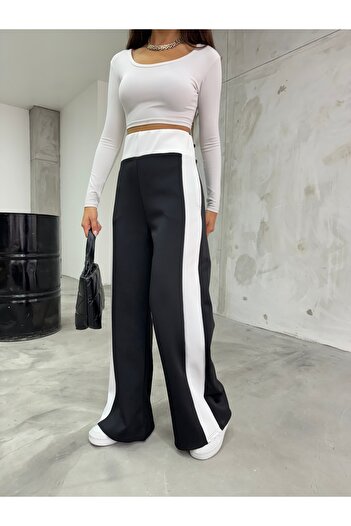 BİKELİFE Women's Black Side Striped Scuba Wide Leg Trousers
