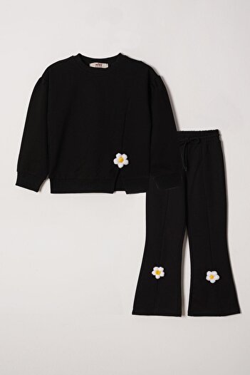 zepkids Crew Neck Long Sleeve Slit Gowns Detailed Long Sleeve Black Color Girl's Tracksuit Set