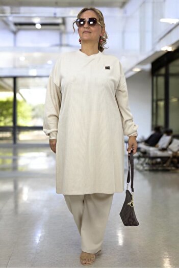 yagmurberen Large Size Double Knitwear Set - Ribbed Knitwear, Slit Detailed Tunic and Elastic Waist Trousers