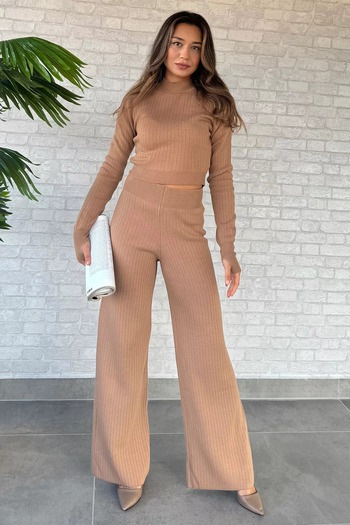 GÜLSELİ Biscuit Women's Half Fisherman Knitted Crop Sweater Trousers Knitwear Top and Bottom Set