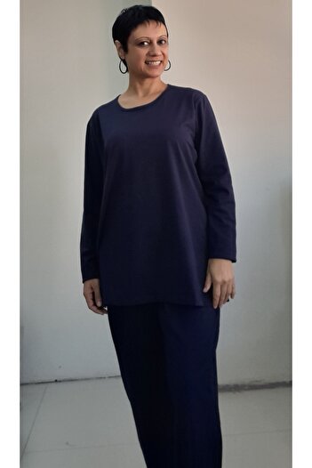 Mertcan Butik Navy Blue Round Neck Bottom Top Suit Combed Cotton Viscose Pajama Set