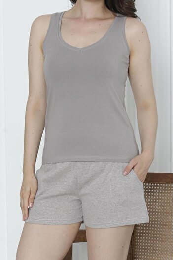 Nicoletta Lycra Wide Strap Women's Pajama Set - Pocket Camisole Shorts Mink