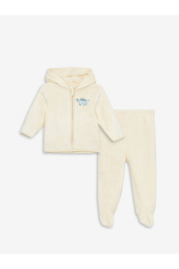 LC Waikiki Lcw Hooded Dinosaur Embroidered Plush Baby Boy Cardigan and Pants Set of 2