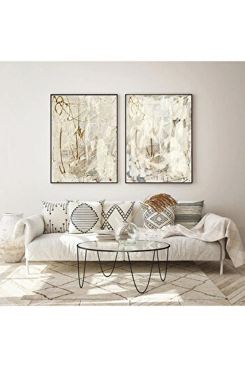 Linacci Artistic Beige Cream Poster Glass Painting Set with Double Black Metal Frame