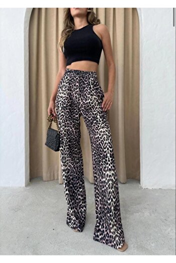 Bak'ap High Waist Pleated Leopard Pattern Plaszo Fabric Trousers