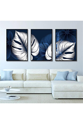 Linacci 3-Piece Black Metal Frame Blue Navy Leaf Glass Table Set