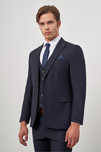 İmza Dark Blue Slim Fit Suit - Classic Style Plain Sword Collar Vest