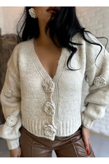 moneta boutique Women's Rose Embroidered Balloon Sleeve Cardigan