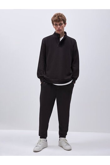 Ltb Straight Stand Collar Long Sleeve Regular Fit Black Sweatshirt