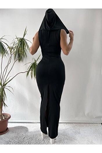 pink life Siyah Sıfır Kol Yırtmaç Detaylı Kapişonlu Maxi Elbise