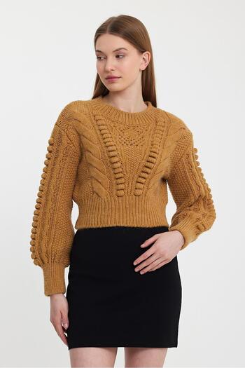 SHERIN Camel Knit Pattern Crew Neck Knitwear Sweater