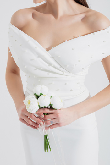 Lafaba Women's White Double Breasted Collar Pearled Midi Evening Dress