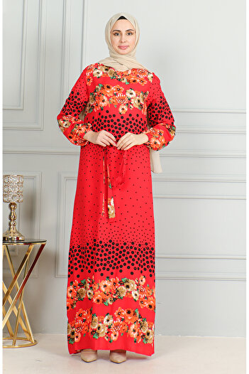 sefamerve Red Viscose Dress - Patterned, Belted and Elastic Sleeve 0494-02