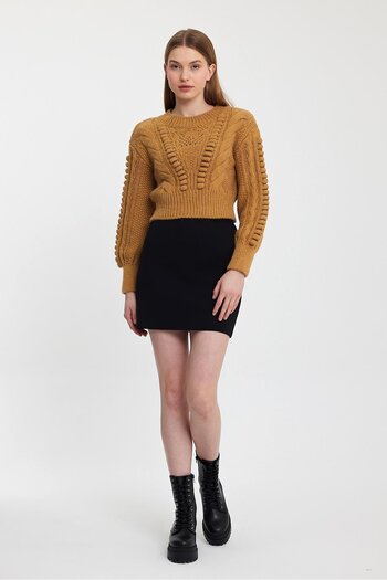 SHERIN Camel Knit Pattern Crew Neck Knitwear Sweater