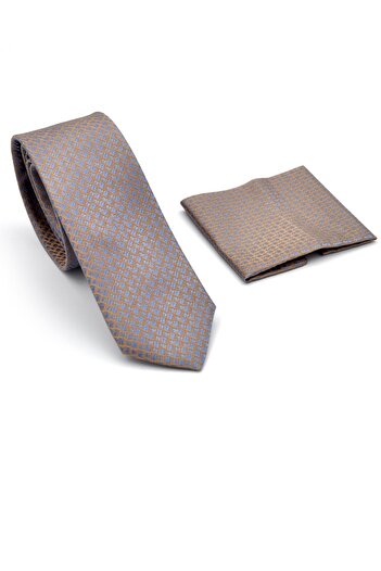 Gaffy Blue Small Square Patterned Beige Woven Fabric Slim Fit Tie with Handkerchief // Sdk- 240811