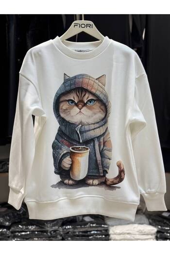 Fiori Cat Printed Crew Neck 3 Thread Raised Sweatshirt
