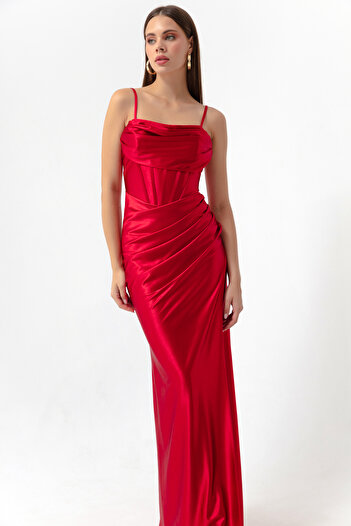 Lafaba Women's Red Underwire Corset Detailed Slit Long Evening Dress