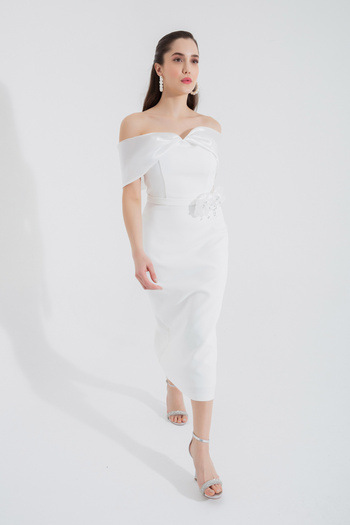 Lafaba Women's White Boat Neck Bow Midi Evening Dress