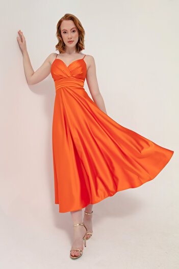Lafaba Women's Orange Rope Strap Waist Belted Satin Midi Evening Dress & Graduation Dress
