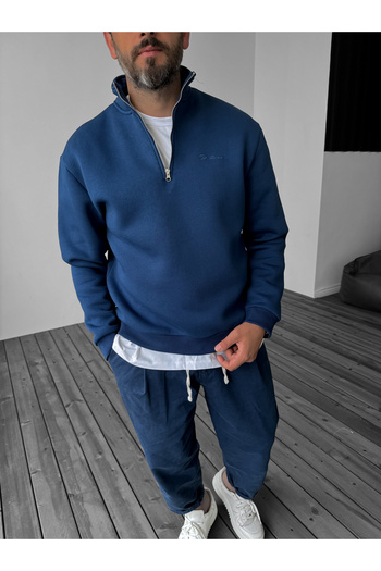 BYBASICMAN Navy Blue Half Zipper Embroidered Sweatshirt Pm-135