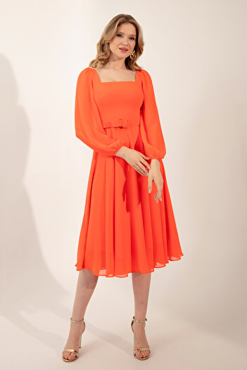 Lafaba Women's Orange Square Collar Belted Midi Chiffon Evening Dress