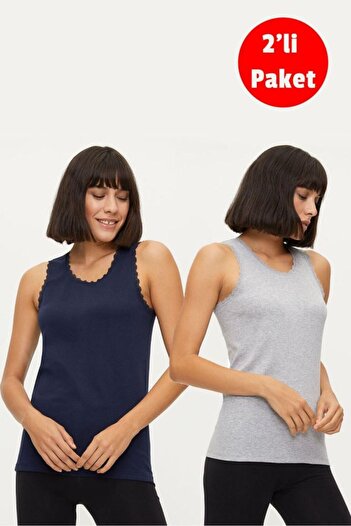 Bross Women's 100% Cotton 2-Piece Lace Tank Top 1034 Blue