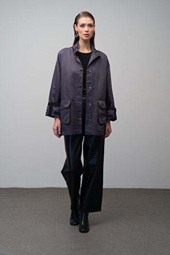 Olcay Anthracite 6670 - Short Trench Coat with Leather Belt and Garni Detail