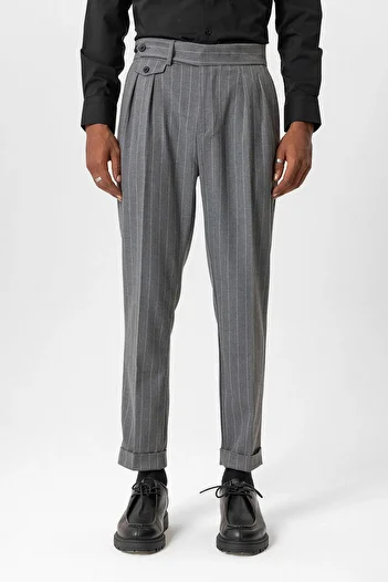Antioch Gray High Waist Pleated Striped Men's Trousers