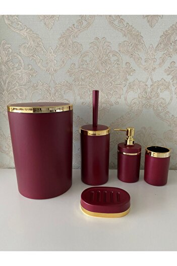 Trend Banyo Mutfak 5-Piece Red Gold Mat Bathroom Set - Wc Brush Holder, Liquid-Solid Soap Dispenser, Trash Can, Toothbrush Holder