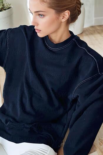 Millionaire Navy Blue Stitching Detailed Women's Fleece Sweatshirt - 0 Crew Neck, Unprinted, Oversize Loose Cut