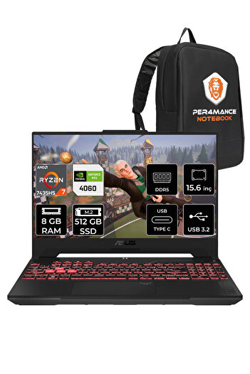 ASUS TUF Gaming A15 R7 7435HS 8GB 512GB SSD RTX4060/8GB 144Hz 15.6" FHD FDOS & PER4 ÇANTA