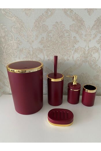 Trend Banyo Mutfak 5-Piece Red Gold Mat Bathroom Set - Wc Brush Holder, Liquid-Solid Soap Dispenser, Trash Can, Toothbrush Holder
