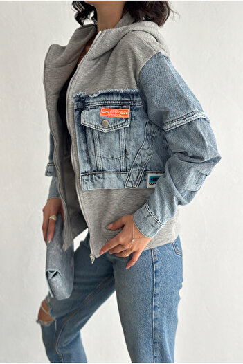 FEMELLE Women's Gray Zippered Pocket Jeans Detailed Hooded Design Jacket