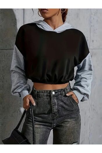 MOONBULL Women's Black Color Sleeves and Hood Gray Colored Crop Sweatshirt