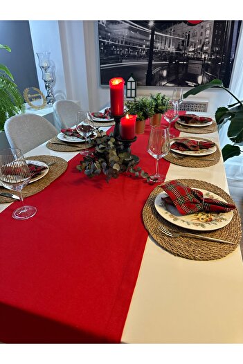 Decamor home Pamuklu Leke Tutmaz Kırmızı Uzun Runner Yılbaşı Runner