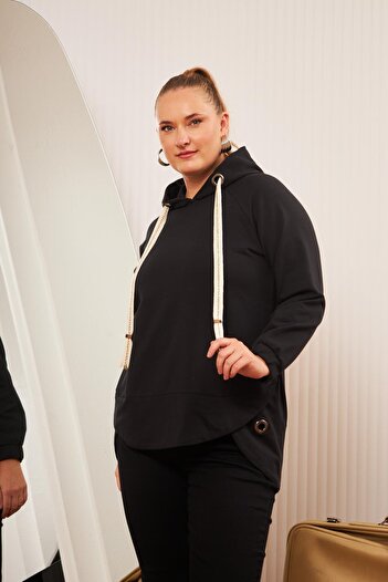 RMG Black Embellished Lace-Up Plus Size Sweatshirt