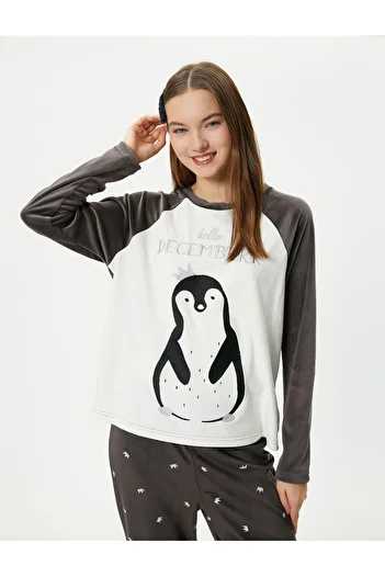 Koton Polar Pajama Top with Penguin Embroidery and Crew Neck Raglan Sleeve