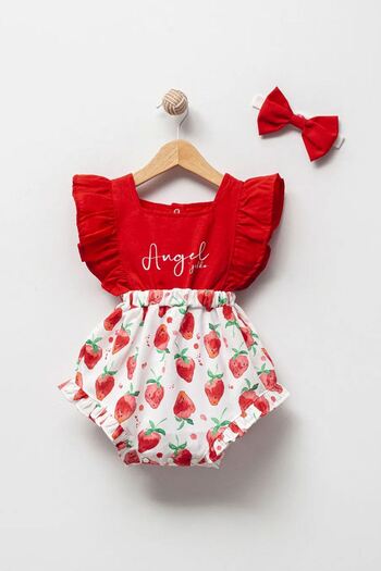 Minigimin Cicileri Fruit Patterned Red Romper Jumpsuit - My Little Flowers Bandana