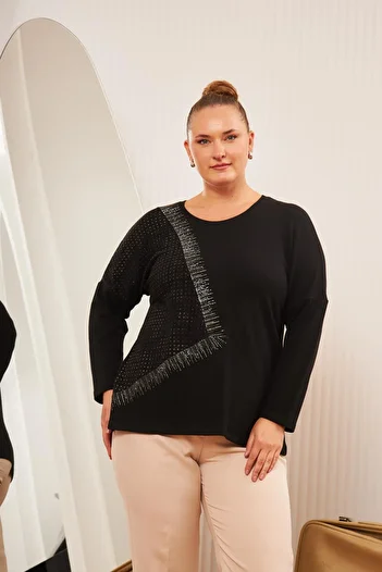 RMG Plus Size Garnished Stone Detail Blouse Black