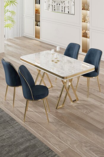 Canisa Vals Serisi 80x130 Lak Panel Beyaz Mermer Desen Masa Takımı Gold Ayaklı 4 Antrasit Sandalye